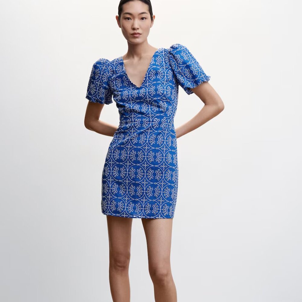 Mango Royal Blue Embroidered Puff Sleeve Back-Tie Dress (Size Small)